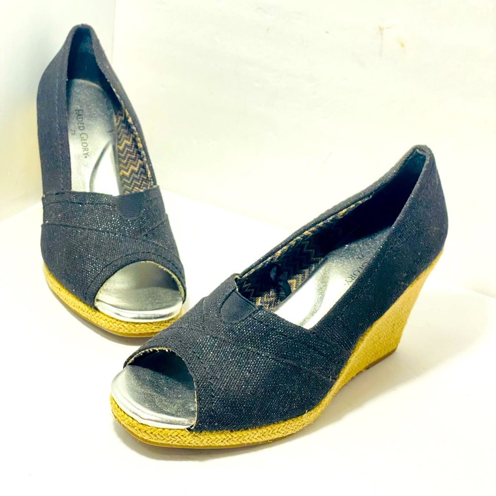 womens faded glory black fabric open toe wedge heels shoe size 7.5